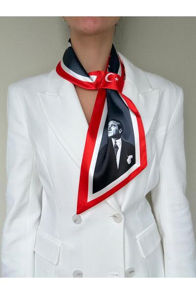 LERAIY Siyah Gri Atatürk Resimli & İmzalı Kravat Eşarp