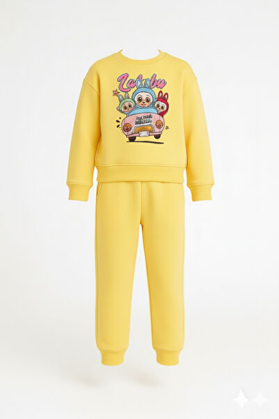 LİTTLE TORTOİSE Girl's Printed Winter Fleece-Lined Sweatshirt / Tracksuit Set