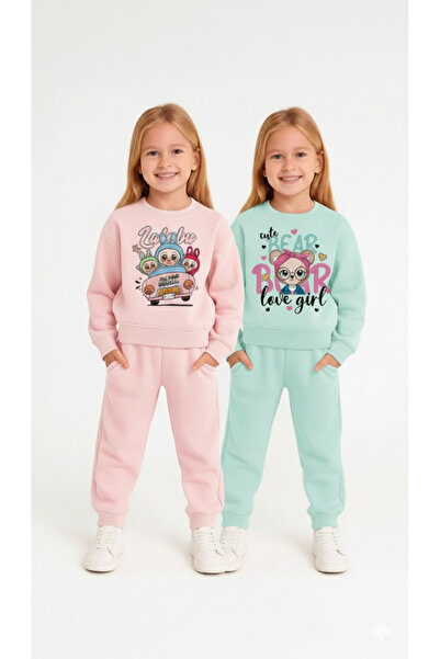 LİTTLE TORTOİSE Girl's Printed Winter Fleece-Lined Sweatshirt / Tracksuit Set