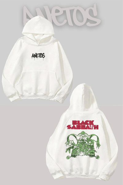 Anetos سويت شيرت بلاك ساث 19 ريترو مطبوع أبيض بغطاء رأس