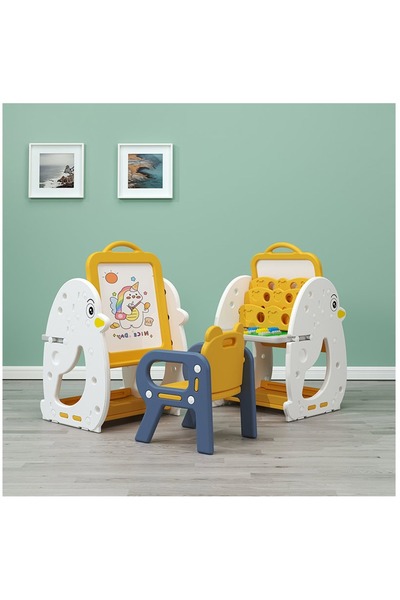 FULLJOY مجموعة طاولة وكرسي 3 في 1، لوح رسم مع رف للكتب, سطح مكتب قابل للطي , حامل قائم قابل للتعديل