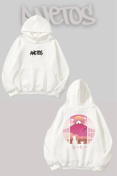 Anetos سترة كات بينك مطبوع بيضاء بغطاء رأس