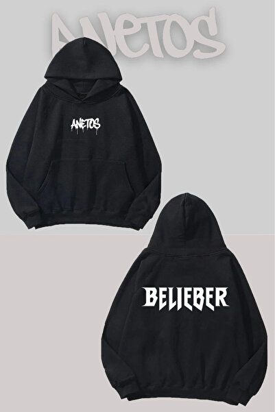 Anetos جاستن بيبر 2 مطبوع سويت شيرت أسود بغطاء رأس