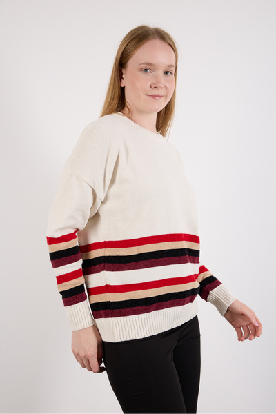 Clothes Fast Women's White Striped Crew Neck Chenille Velvet Knitwear Sweater