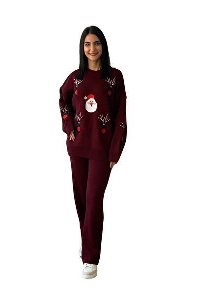YusGos Women's Long Sleeve New Year Embroidered Crew Neck Knitwear Sweater Pants Set