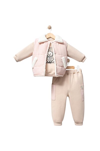 Buqete Bear Printed Vest Set Girls' Set