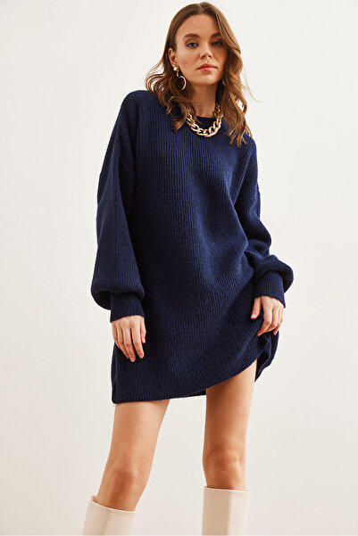 Olalook Kadın Lacivert Balon Kol Yumuşak Dokulu Triko Tunik Elbise ELB-19002560