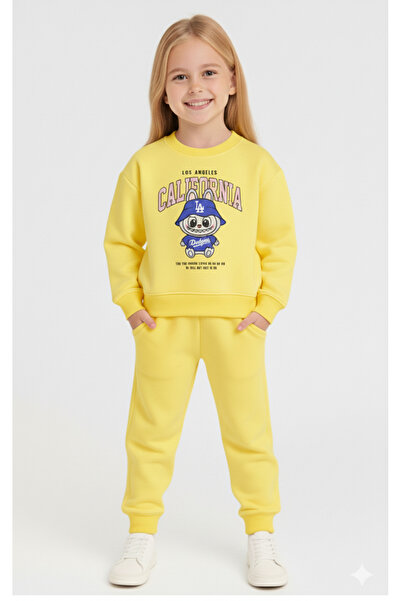 LİTTLE TORTOİSE Girl's Printed Winter Fleece-Lined Sweatshirt / Tracksuit Set