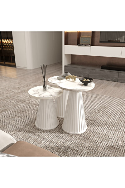 klubeconcept Siyah Mermer Desenli MDF Yan Sehpa Takımı – 3’lü Set