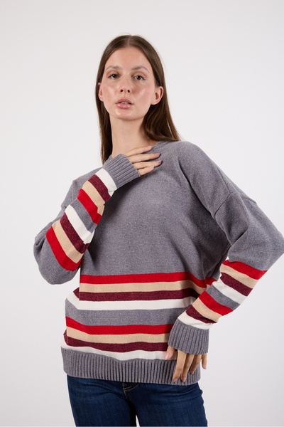 Clothes Fast Women's Gray Striped Crew Neck Chenille Velvet Knitwear Sweater