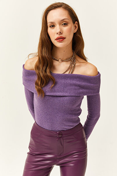 Olalook Women's Purple Madonna Collar Fleece-Lined Stretch Fabric Blouse Blz-19003153