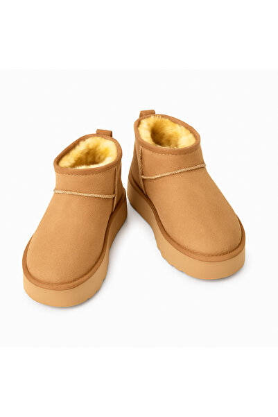 Karayel Collection Mini Kalın Tabanlı İçi Tüylü Siyah Süet Bot