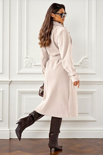 FashionForYou Long, elegant coat VITTORIA, rib texture and matching cord, WHITE, Size S/M