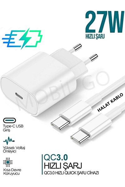 MOBİL GO Tecno Camon 20 Pro Uyumlu 27W Type C Şarj Aleti Seti Kafa + Örgü Kablo 27 Watt