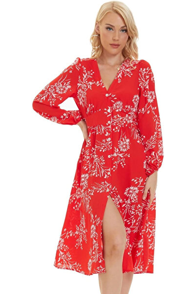 OEM Boho Midi Dress with Long Sleeves, V-Neck, Floral Print, Ideal for Fall or Summer, Size S