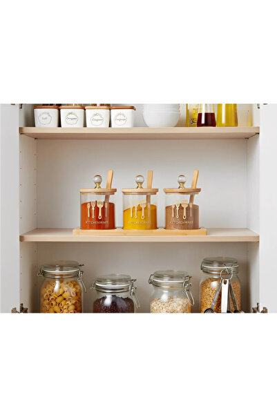 Herum Set of 3 glass spice jars, with bamboo lid, spoon and bamboo stand, Transparent/Beige, 200 ml