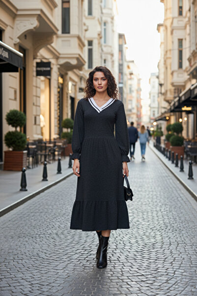 Avones Women's Knitwear V-Neck Long Sleeve Wool Viscose Midi Length Dress