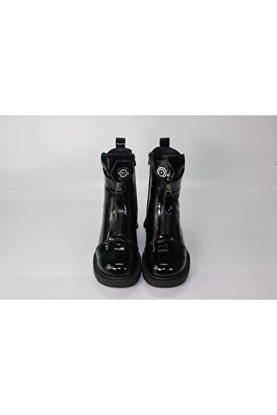Moli Siyah Rugan Görünümlü Ön Fermuarlı Bot | Metal Tokalı Parlak Postal | Bağcıksız Kalın Taban