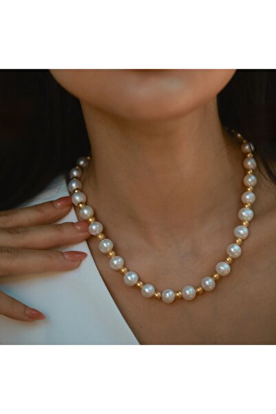 İnci ve 22 ayar Altın Boncuk Kolye – 10 mm Doğal İnci & 14k Altın Kaplama El Yapımı Choker