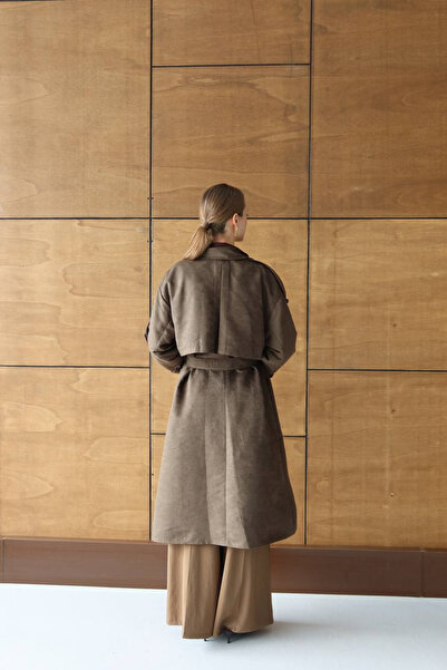 Ayinsu Kahverengi - Oversize Süet Görünümlü Kemerli Trençkot