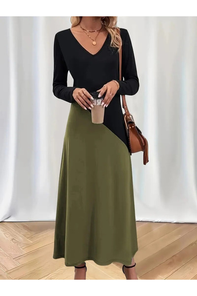 JANES Women's Long Sleeve V Neck Block Print Viscose Dress