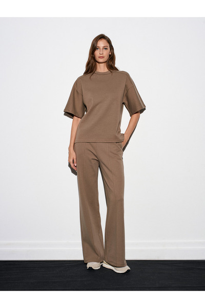 Dilvin 31975 Short Sleeve Oversized T-Shirt-Light Khaki