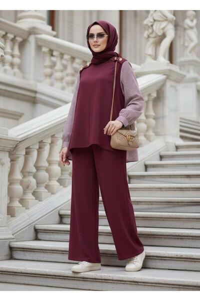 Aselim Hijap Moda Σετ Maribel Δύο τεμάχια – Βουργουνδία με λεπτομέρεια με ριγέ πουκάμισο