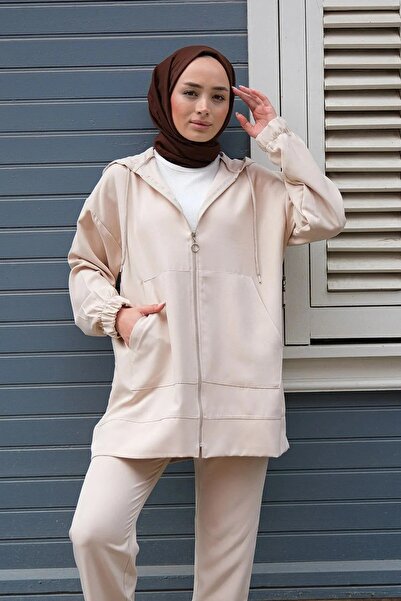 LUSHN طقم نسائي مزدوج بغطاء للرأس وسحاب