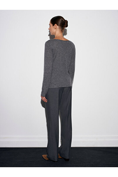 Dilvin 72208 Belted Melange Fabric Trousers-Anthracite