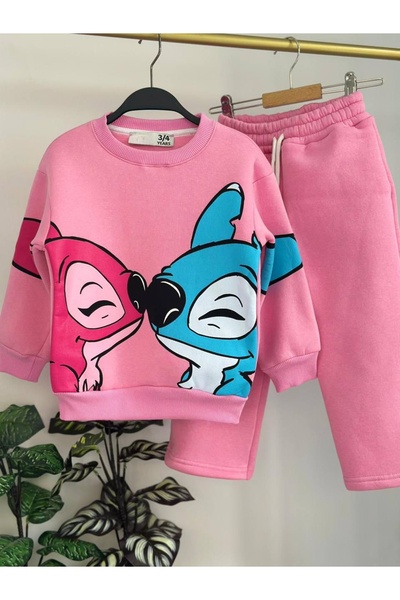 ARBİ kids Girls' Stitch Pink Three-Thread Fleece-Lined Winter Soft Double Set