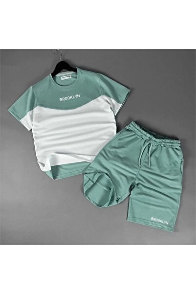 LUSHN Plus Size Men's Double Color Piece Brooklyn Printed Summer Shorts T-Shi...