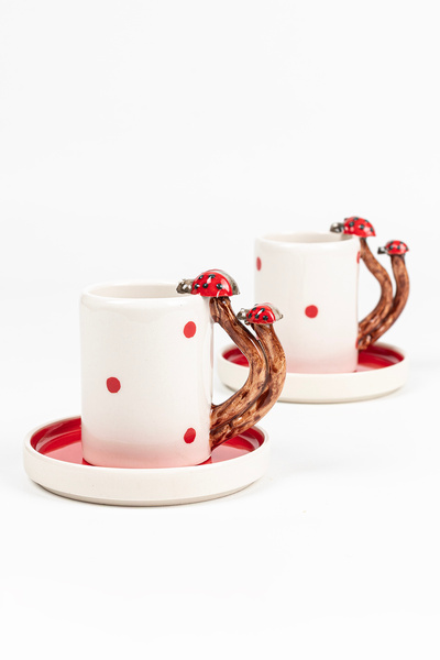 Loomart Ladybug Designed 2-Person 4-Piece Handmade Coffee Cup Set