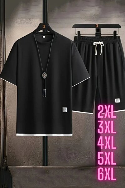 LUSHN Men's Large Size New Season 100% Cotton White Detailed T-Shirt Shorts Set