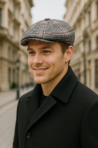 FELLMENS Gri Ekose Desenli Kaşmir Erkek Kasket Şapka