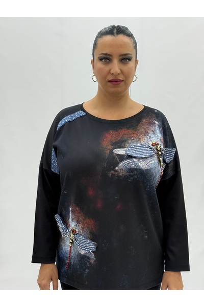 lavelina Büyük Beden Motifli Payet Detay Geniş Kalıp Kışlık Kadın Bluz
