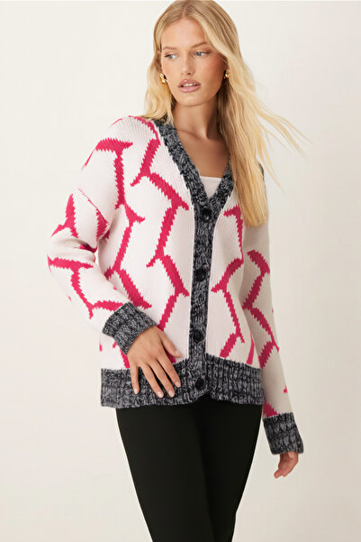 armonika Women's Fuchsia V-Neck Buttoned Patterned Knitwear Cardigan Arm-26K136045