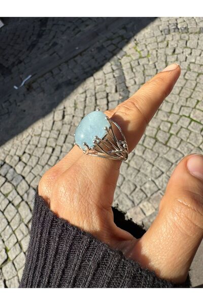hayaltasari Doğal Akuamarin Taşlı Şık Model Gümüş Yüzük 925 Ayar