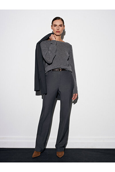 Dilvin 72208 Belted Melange Fabric Trousers-Anthracite