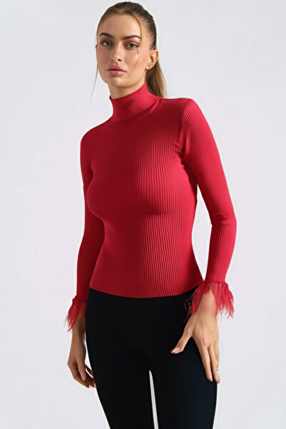 armonika Women's Red Turtleneck Sleeveless Furry Knit Sweater Arm-26K136038