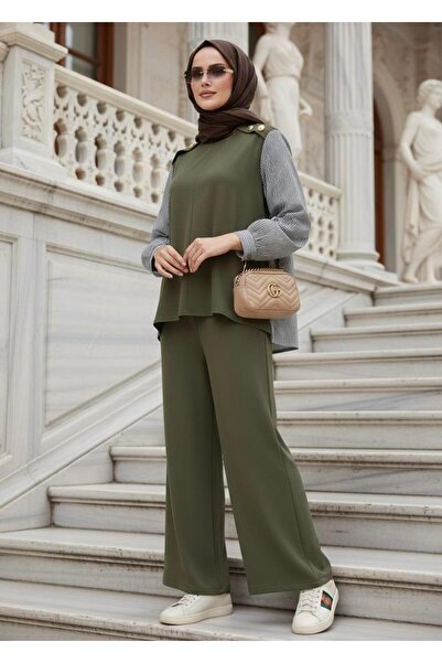 Aselim Hijap Moda Maribel Double Set – Green with Striped Shirt Detail