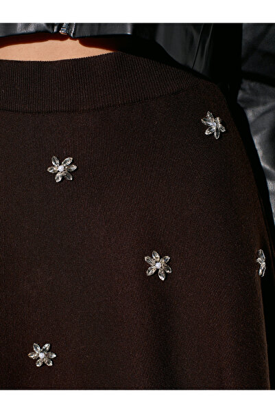 Dilvin 80119 Beli Lastikli Taş İşlemeli Triko Etek-Koyu Kahve