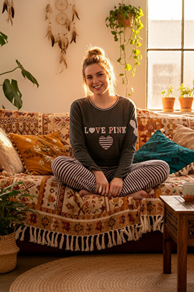 rindahomewear Cotton Thick Winter Intrlok Striped Long Sleeve Knitted Pajama Set