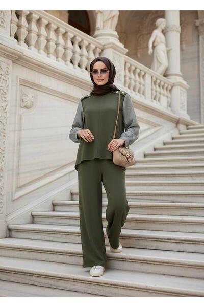Aselim Hijap Moda Maribel Double Set – Green with Striped Shirt Detail
