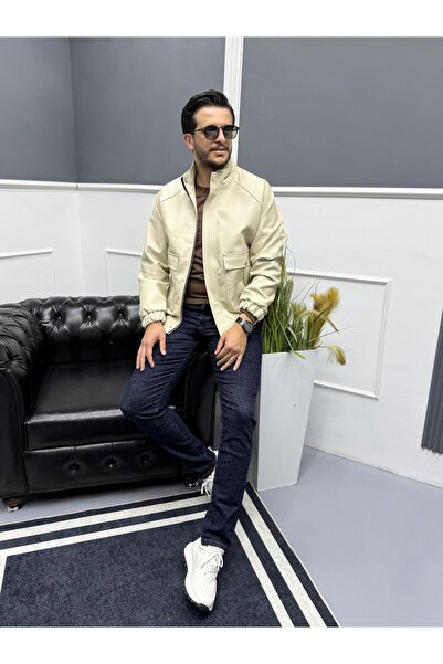 Avni Ceylan Modern Stand Collar Black Men's Leather Bomber Jacket