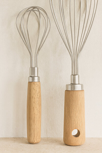 Bohemian Natural Wooden Handle Stainless Steel 2-Piece Whisk Set