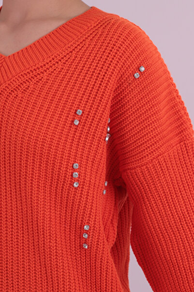 armonika Women's Orange V-Neck Stone Knit Sweater Arm-26K136026