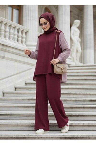 Aselim Hijap Moda Σετ Maribel Δύο τεμάχια – Βουργουνδία με λεπτομέρεια με ριγέ πουκάμισο