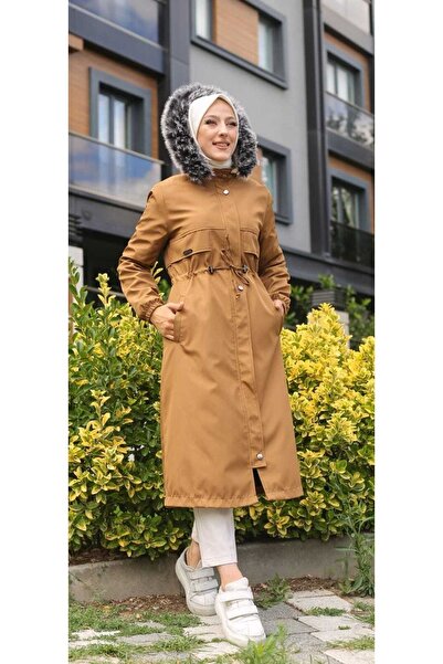 Vibeys Collection Tan Fur Lined and Waterproof Large Size Oversize Women's Winter Coat & Coat