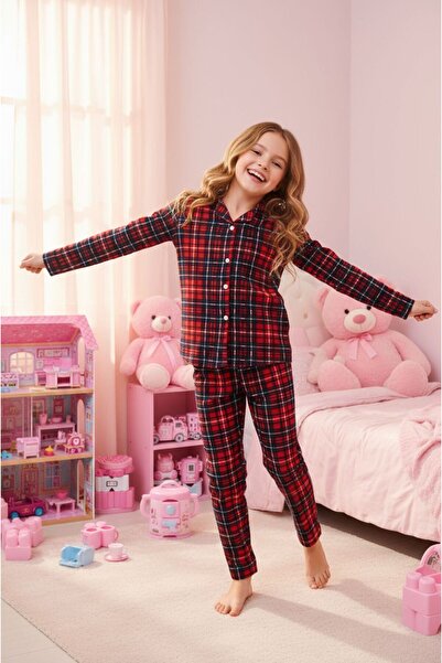 LİLA İÇ GİYİM Girl Child Suede Button Plaid Long Sleeve Pajama Set
