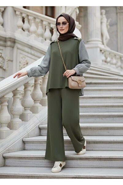 Aselim Hijap Moda Maribel Double Set – Green with Striped Shirt Detail